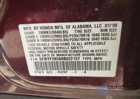 2008 Honda Pilot Ex-L из США, поврежденный, VIN 5FNYF28568B022157